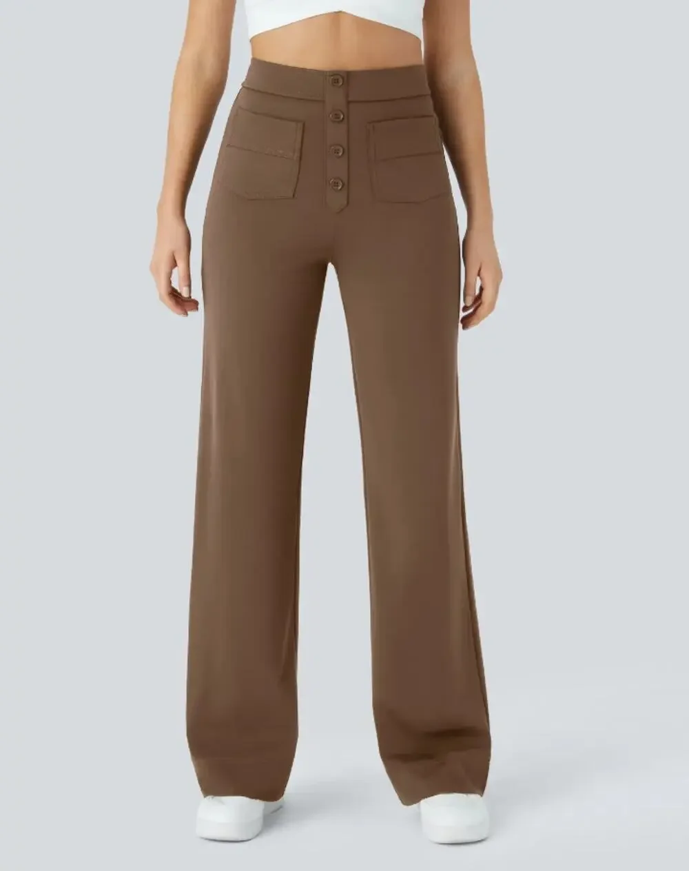 Halara DayStretch High Waisted Pockets Straight Wide Leg Casual Pants Brown XL
